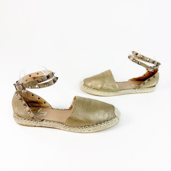 VALENTINO Gold Rockstud Espadrille Size 39 Flat Buckle Double Wrap Ankle Strap - Picture 5 of 11